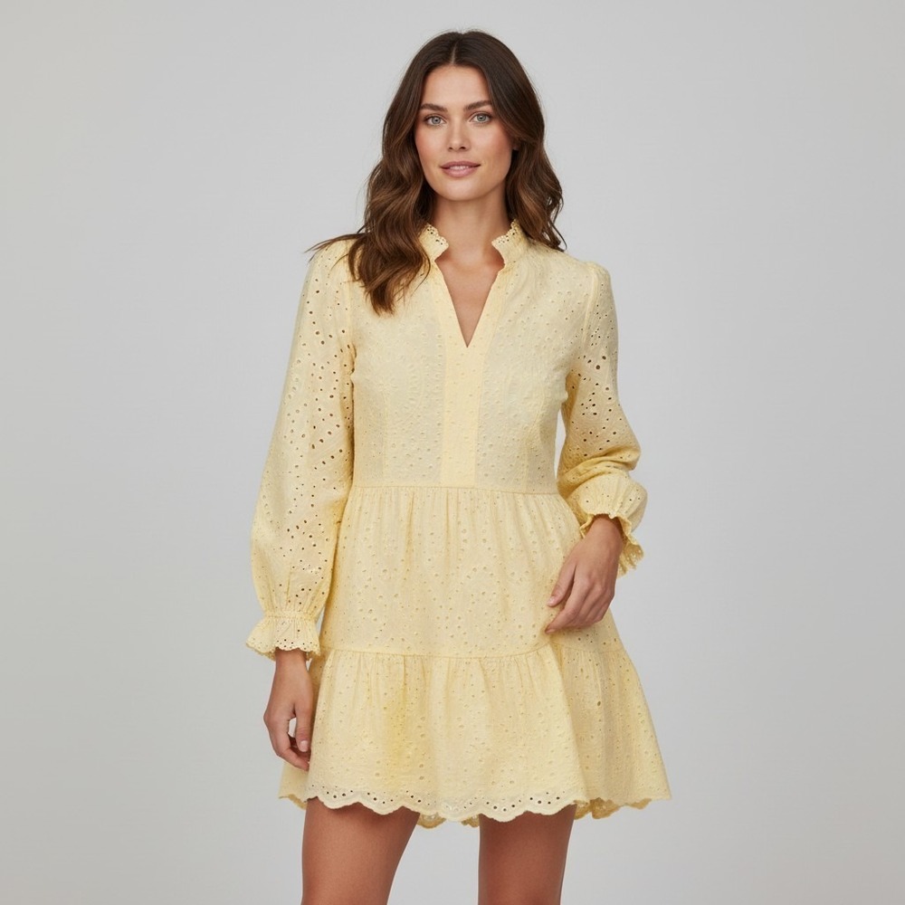 PrettyGarden Yellow Eyelet Dress Tiered Long Sleeve 100% Cotton cottagecore boho